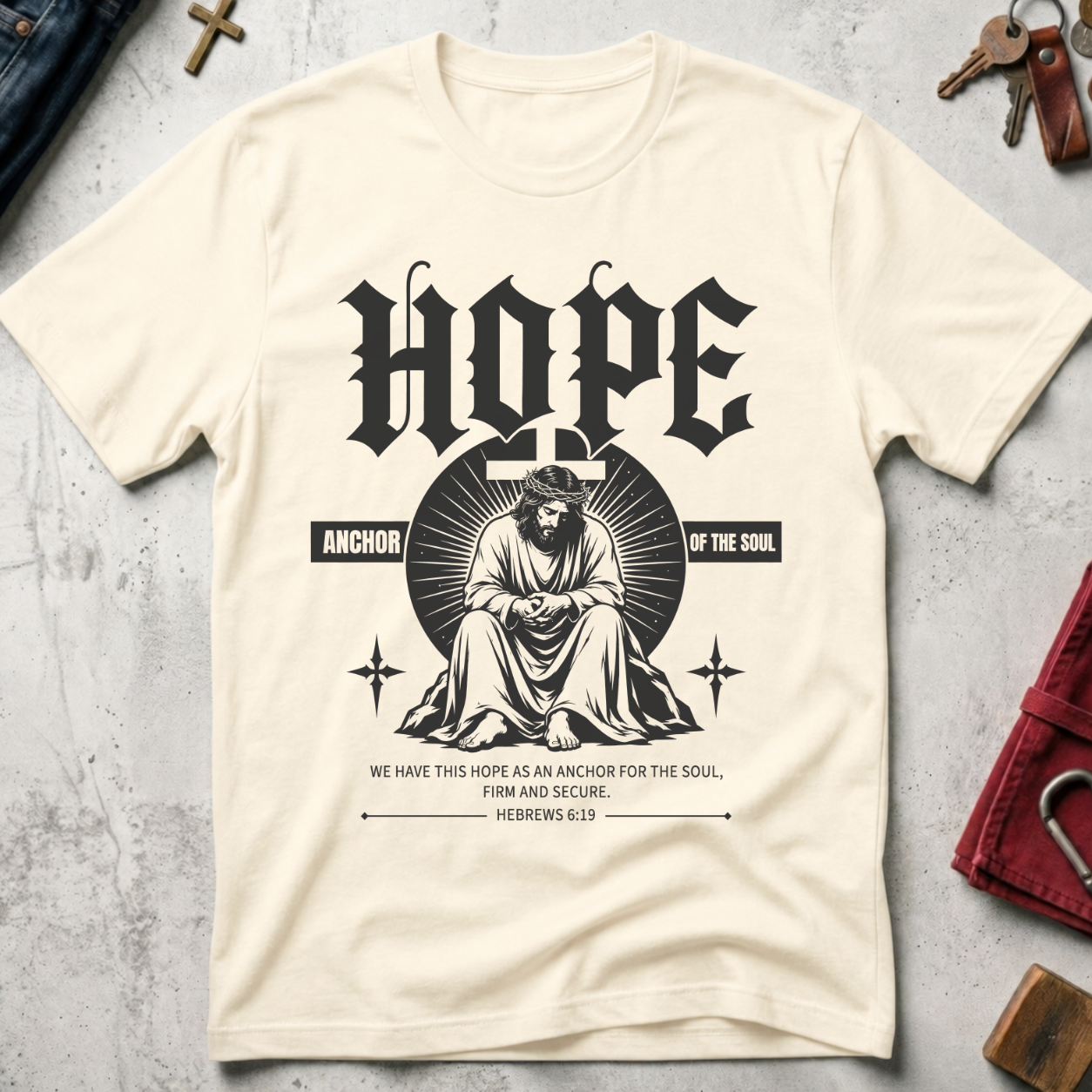 Hope Anchor of the Soul gothic Jesus Christian T-shirt in Natural