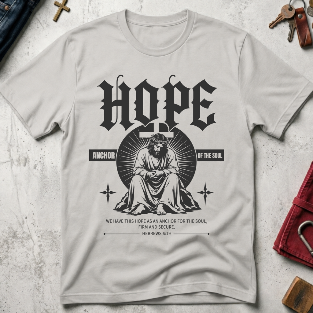 Hope Anchor of the Soul gothic Jesus Christian T-shirt in Ice Grey