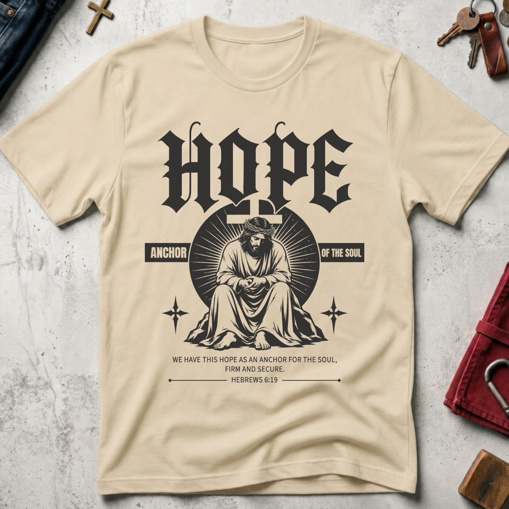 Hope Anchor of the Soul gothic Jesus Christian T-shirt in Sand