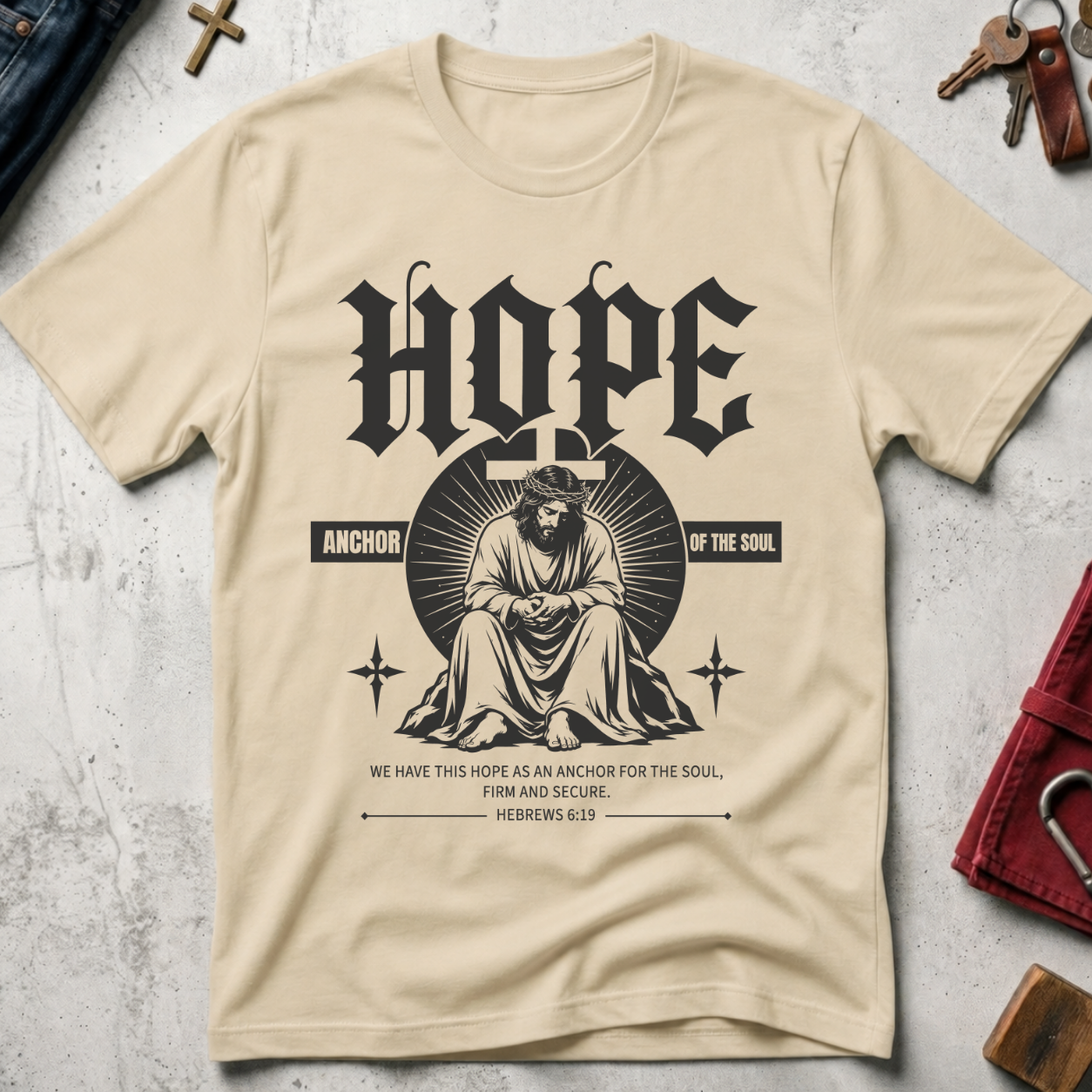 Hope Anchor of the Soul gothic Jesus Christian T-shirt in Sand