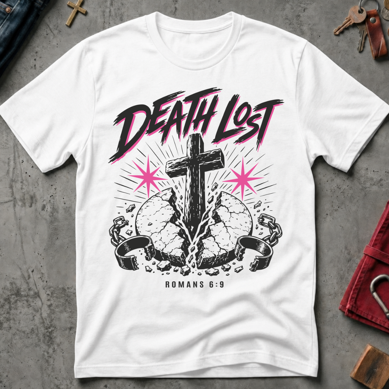 Death Lost Romans 6:9 Christian T-shirt in White