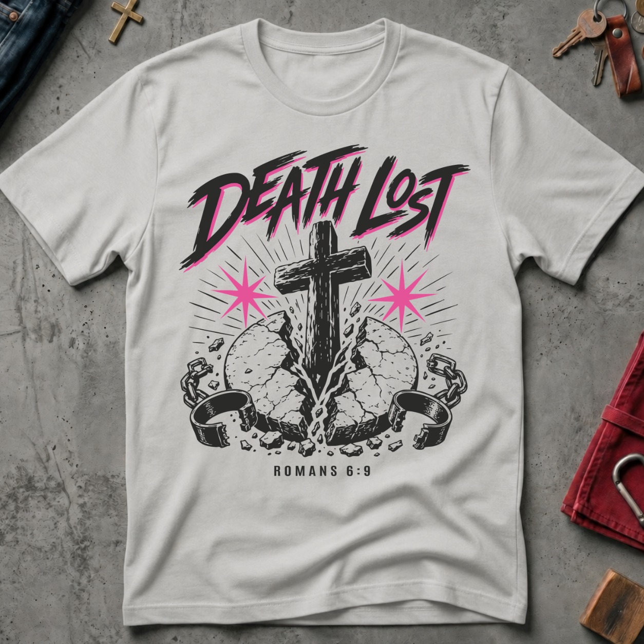 Death Lost Romans 6:9 Christian T-shirt in Ice Grey