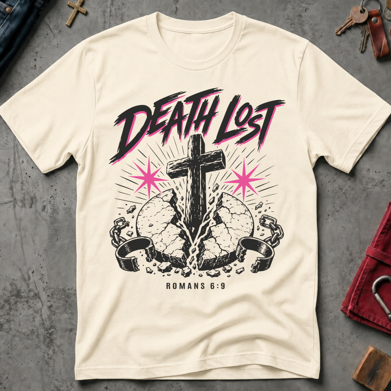 Death Lost Romans 6:9 Christian T-shirt in Natural