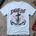 Death Lost Romans 6:9 Christian T-shirt in Light Blue