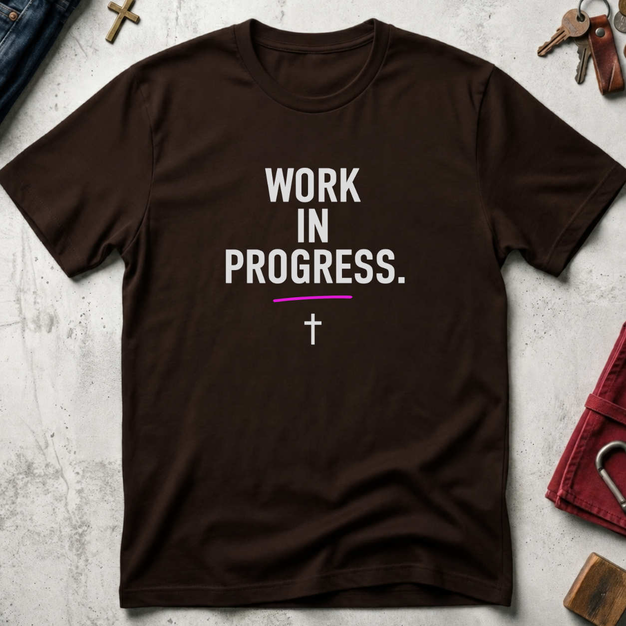 Work in Progress Christian T-shirt in Dark Chocolate