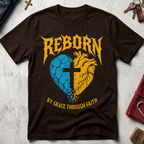 Reborn By Grace Through Faith Christian T-shirt in Dark Chocolate, with a blue-and-gold heart and cross design