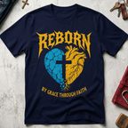 Reborn By Grace Through Faith Christian T-shirt in Navy, with a blue-and-gold heart and cross design