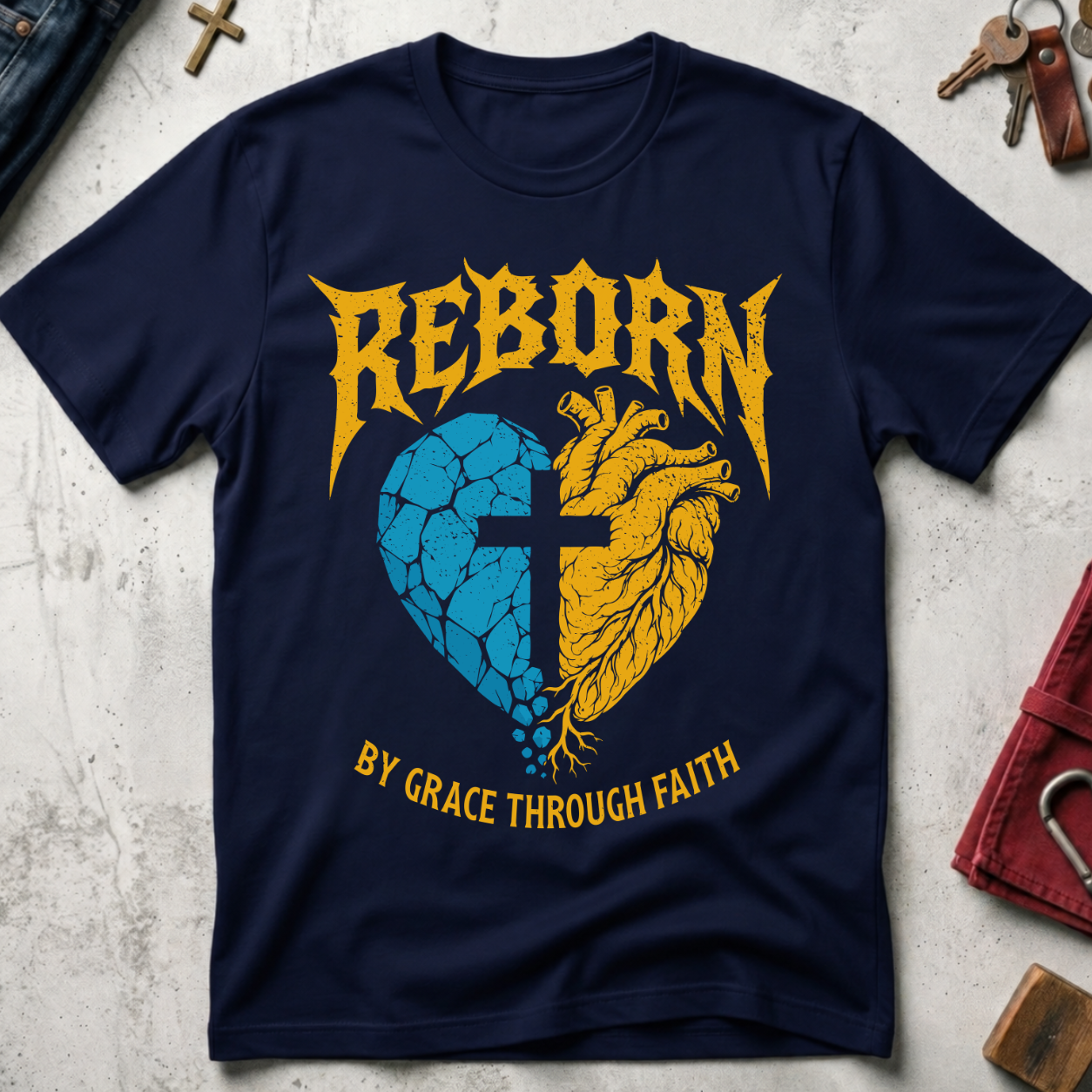 Reborn By Grace Through Faith Christian T-shirt in Navy, with a blue-and-gold heart and cross design