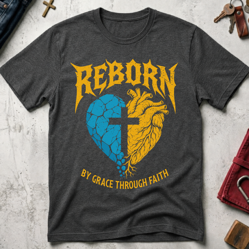 Reborn By Grace Through Faith Christian T-shirt in Dark Heather, with a blue-and-gold heart and cross design