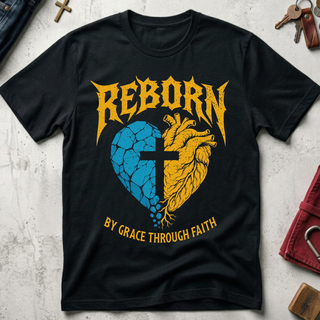 Reborn By Grace Through Faith Christian T-shirt in Black, with a blue-and-gold heart and cross design