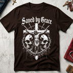 Saved by Grace crucifixion and skulls Christian T-shirt in Dark Chocolate