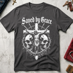 Saved by Grace crucifixion and skulls Christian T-shirt in Charcoal