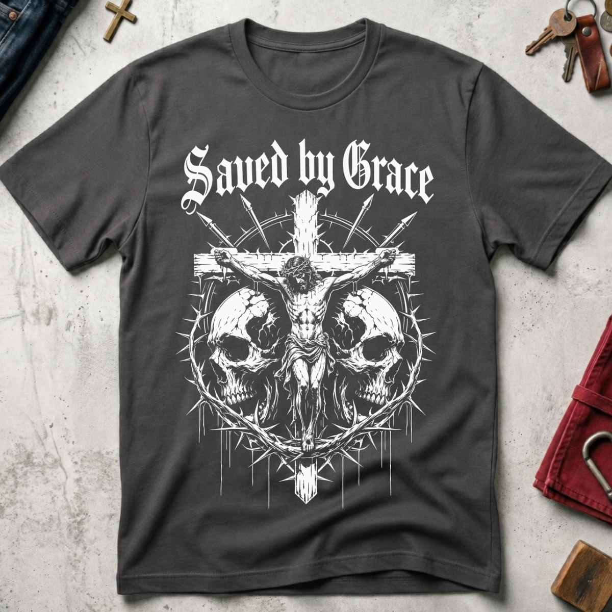 Saved by Grace crucifixion and skulls Christian T-shirt in Charcoal