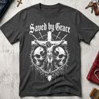 Saved by Grace crucifixion and skulls Christian T-shirt in Dark Heather