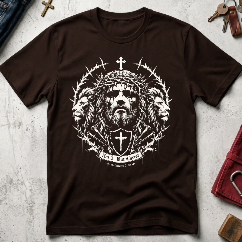 Dark Chocolate Christian T-shirt with gothic Jesus and lion artwork, a cross shield and the words "Not I, But Christ" from Galatians 2:20.