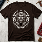 Dark Chocolate Christian T-shirt with gothic Jesus and lion artwork, a cross shield and the words "Not I, But Christ" from Galatians 2:20.