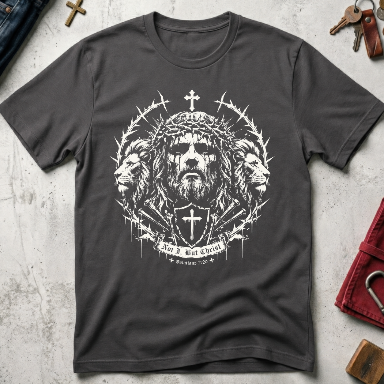 Charcoal Christian T-shirt with gothic Jesus and lion artwork, a cross shield and the words "Not I, But Christ" from Galatians 2:20.