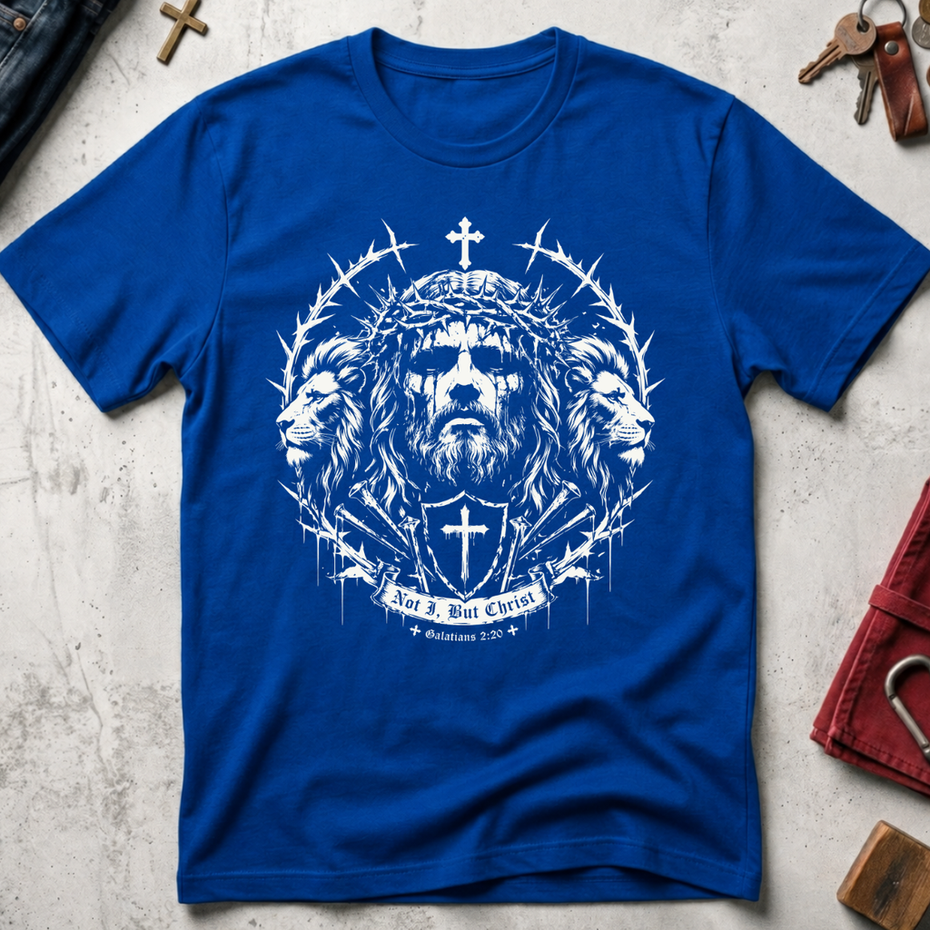 Royal Christian T-shirt with gothic Jesus and lion artwork, a cross shield and the words "Not I, But Christ" from Galatians 2:20.
