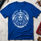 Royal Christian T-shirt with gothic Jesus and lion artwork, a cross shield and the words "Not I, But Christ" from Galatians 2:20.