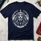 Navy Christian T-shirt with gothic Jesus and lion artwork, a cross shield and the words "Not I, But Christ" from Galatians 2:20.