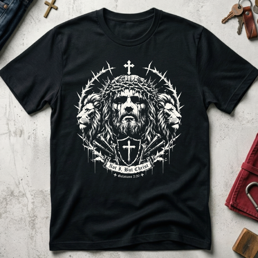 Black Christian T-shirt with gothic Jesus and lion artwork, a cross shield and the words "Not I, But Christ" from Galatians 2:20.