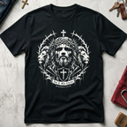 Black Christian T-shirt with gothic Jesus and lion artwork, a cross shield and the words "Not I, But Christ" from Galatians 2:20.