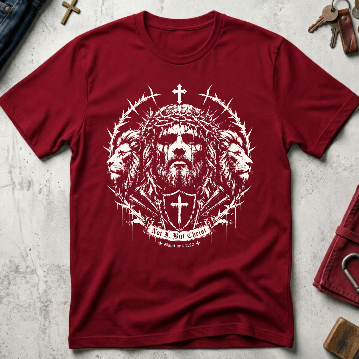 Cardinal Red Christian T-shirt with gothic Jesus and lion artwork, a cross shield and the words "Not I, But Christ" from Galatians 2:20.