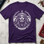 Purple Christian T-shirt with gothic Jesus and lion artwork, a cross shield and the words "Not I, But Christ" from Galatians 2:20.