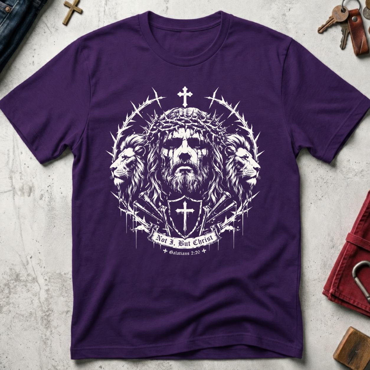 Purple Christian T-shirt with gothic Jesus and lion artwork, a cross shield and the words "Not I, But Christ" from Galatians 2:20.