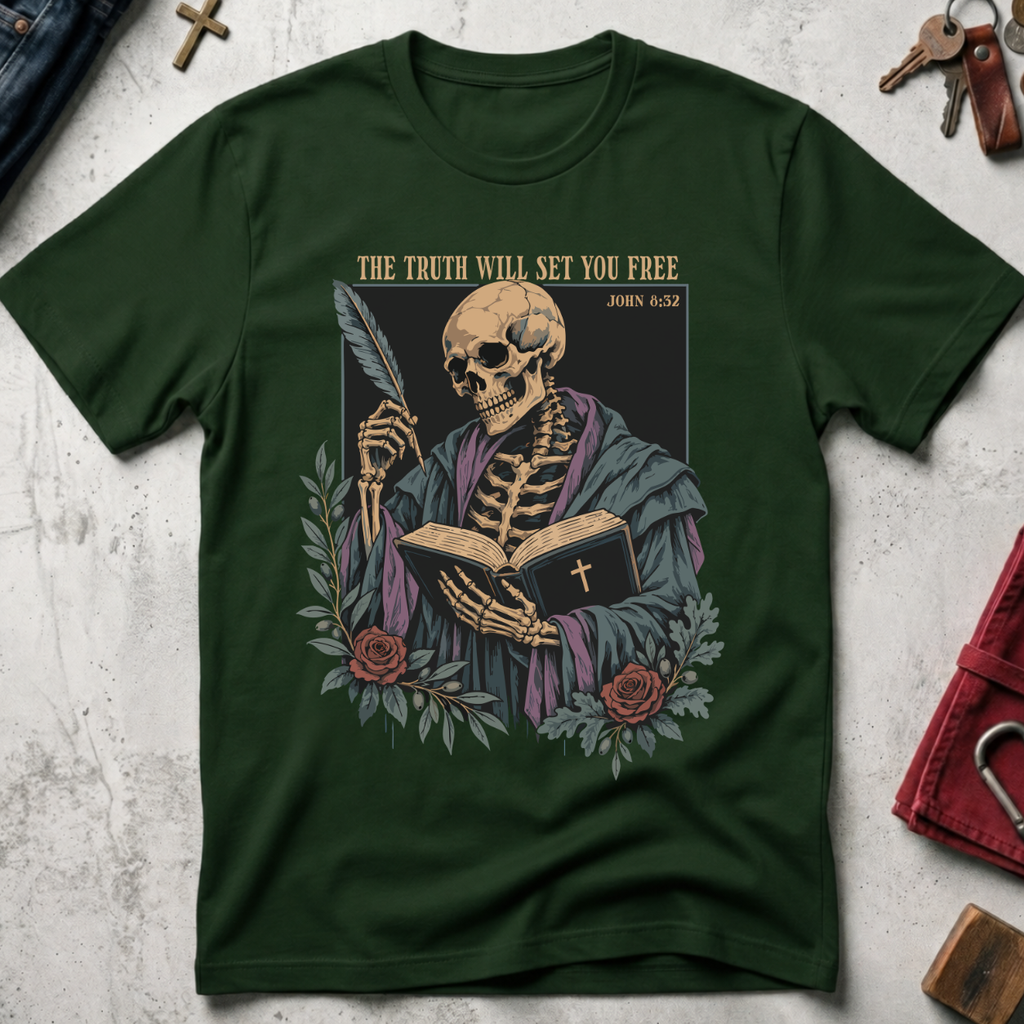 The Truth Will Set You Free Christian T-shirt in Forest Green with a robed skeleton, open Bible, feather and roses.