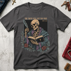 The Truth Will Set You Free Christian T-shirt in Charcoal with a robed skeleton, open Bible, feather and roses.