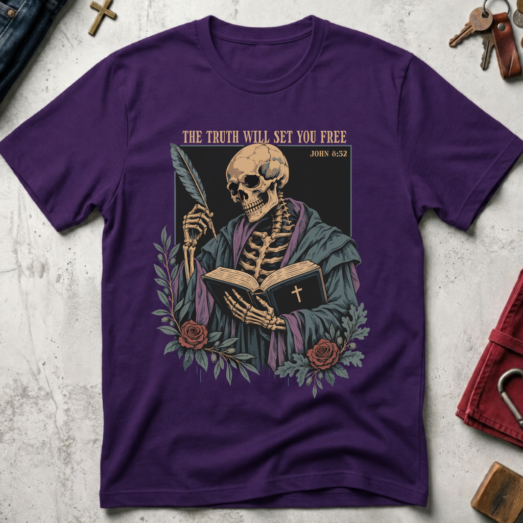 The Truth Will Set You Free Christian T-shirt in Purple with a robed skeleton, open Bible, feather and roses.