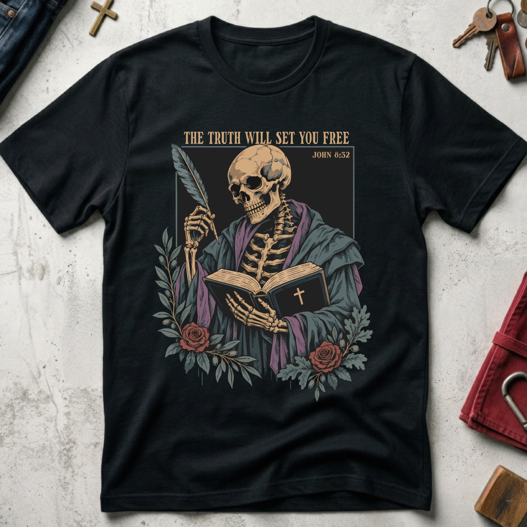 The Truth Will Set You Free Christian T-shirt in Black with a robed skeleton, open Bible, feather and roses.