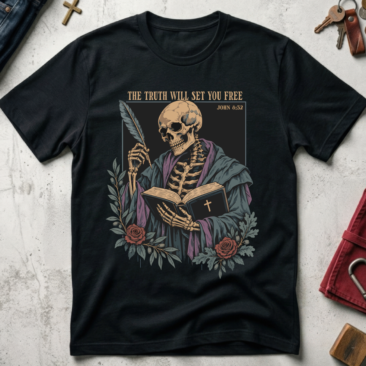 The Truth Will Set You Free Christian T-shirt in Black with a robed skeleton, open Bible, feather and roses.