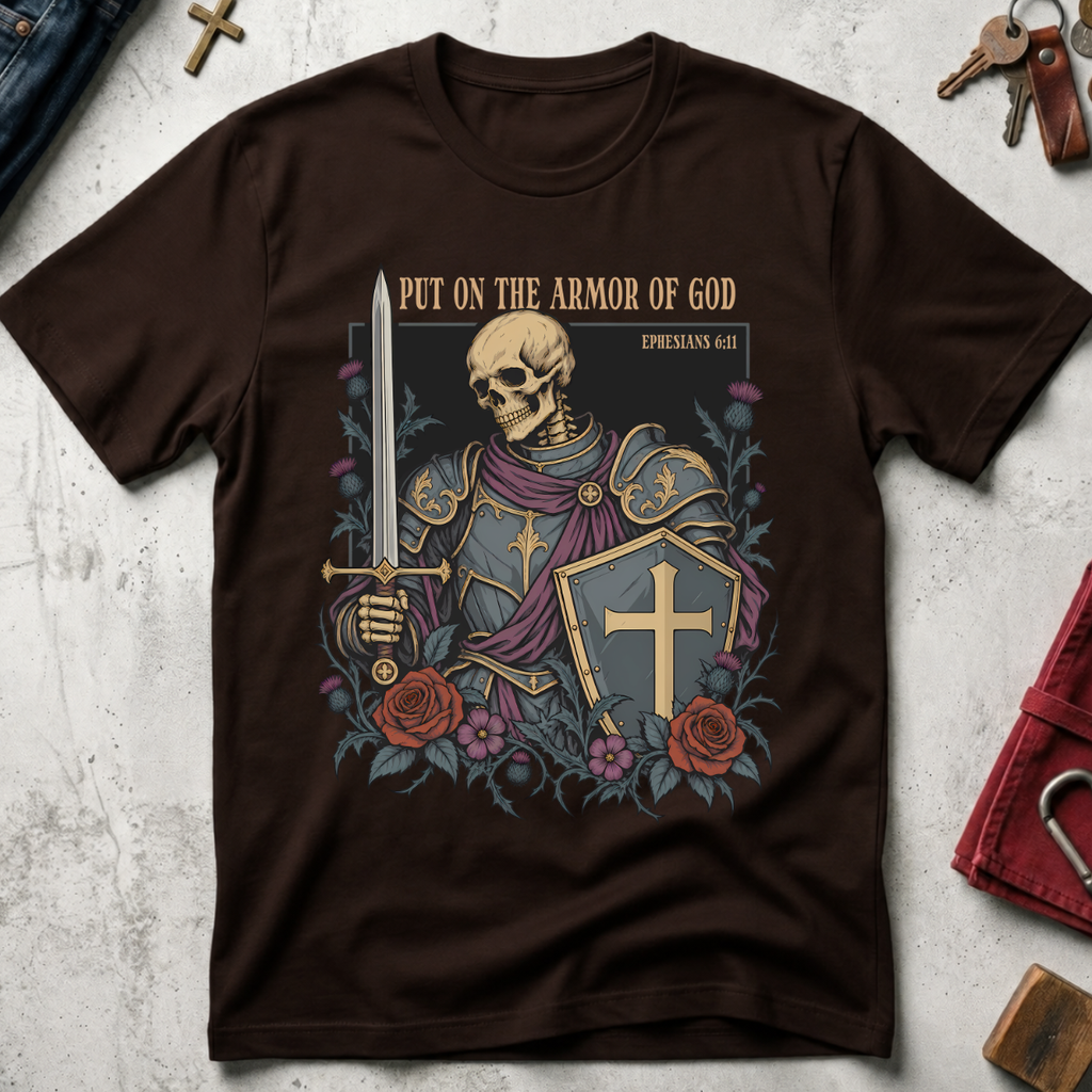 Put On the Armor of God Christian T-shirt in Dark Chocolate with a skeletal knight, sword, cross shield and roses.
