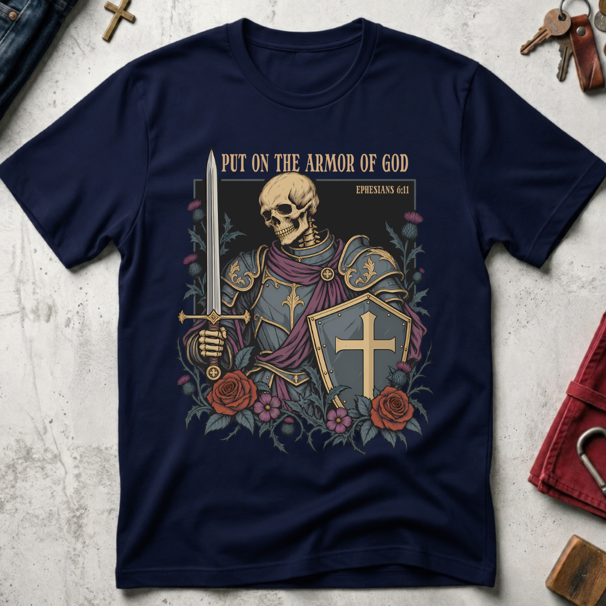 Put On the Armor of God Christian T-shirt in Navy with a skeletal knight, sword, cross shield and roses.