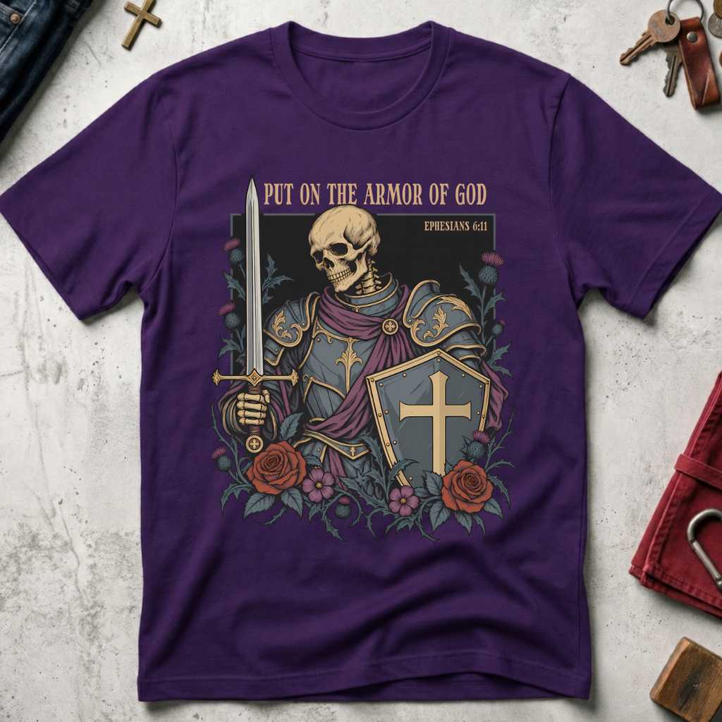 Put On the Armor of God Christian T-shirt in Purple with a skeletal knight, sword, cross shield and roses.