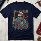 Walk by Faith Christian T-shirt in Navy with a gothic skeleton pilgrim, wooden staff, cross necklace, roses and thistles.