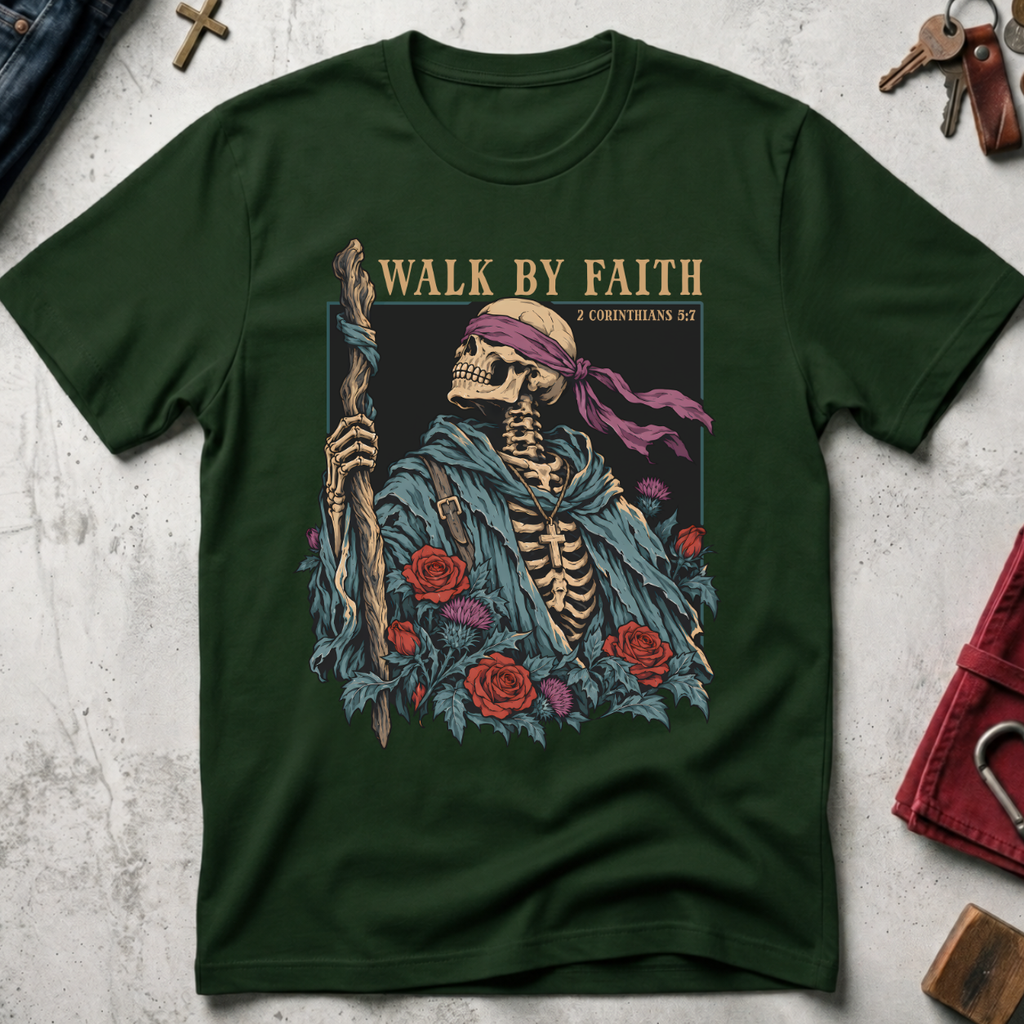 Walk by Faith Christian T-shirt in Forest Green with a gothic skeleton pilgrim, wooden staff, cross necklace, roses and thistles.
