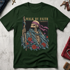 Walk by Faith Christian T-shirt in Forest Green with a gothic skeleton pilgrim, wooden staff, cross necklace, roses and thistles.