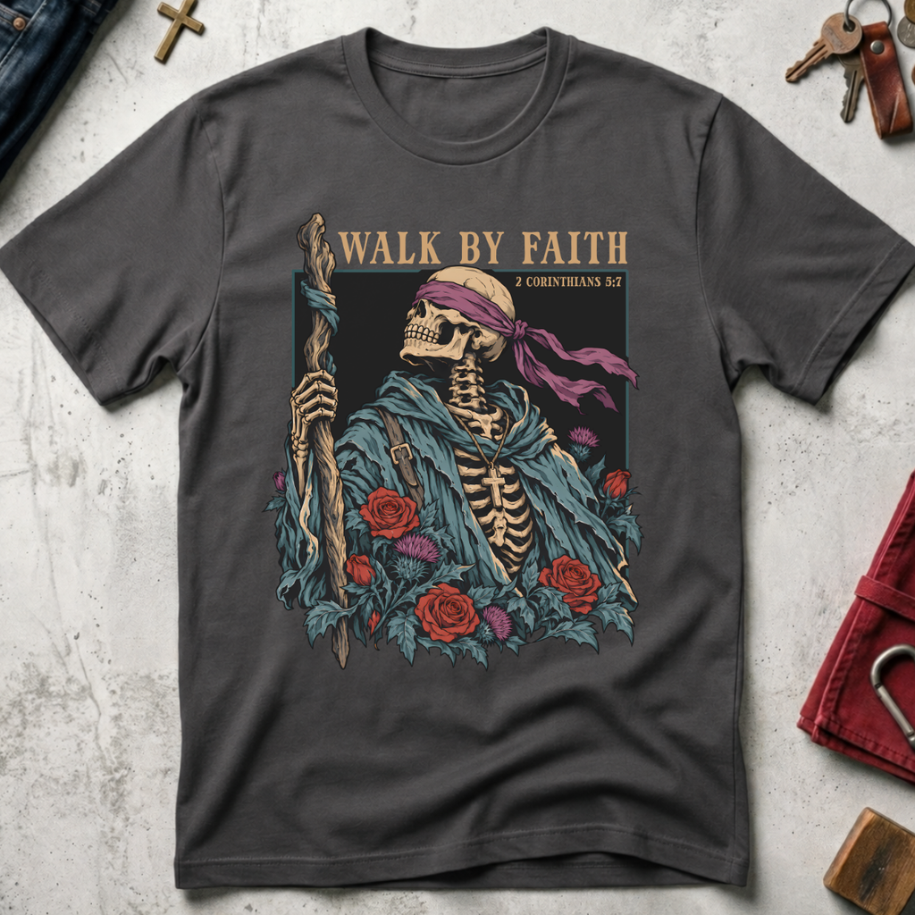 Walk by Faith Christian T-shirt in Charcoal with a gothic skeleton pilgrim, wooden staff, cross necklace, roses and thistles.