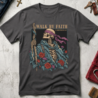 Walk by Faith Christian T-shirt in Charcoal with a gothic skeleton pilgrim, wooden staff, cross necklace, roses and thistles.