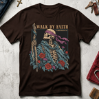 Walk by Faith Christian T-shirt in Dark Chocolate with a gothic skeleton pilgrim, wooden staff, cross necklace, roses and thistles.