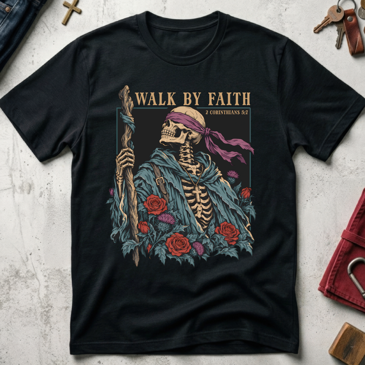 Walk by Faith Christian T-shirt in Black with a gothic skeleton pilgrim, wooden staff, cross necklace, roses and thistles.