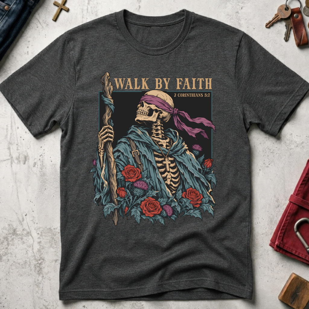 Walk by Faith Christian T-shirt in Dark Heather with a gothic skeleton pilgrim, wooden staff, cross necklace, roses and thistles.