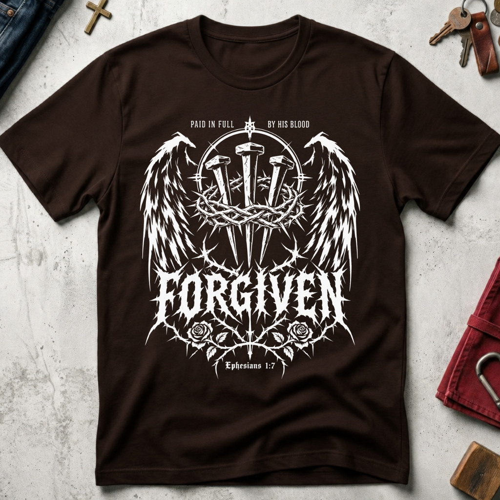 Forgiven Ephesians 1:7 Christian T-shirt in Dark Chocolate with gothic wings, three nails, a crown of thorns and roses.
