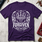 Forgiven Ephesians 1:7 Christian T-shirt in Purple with gothic wings, three nails, a crown of thorns and roses.