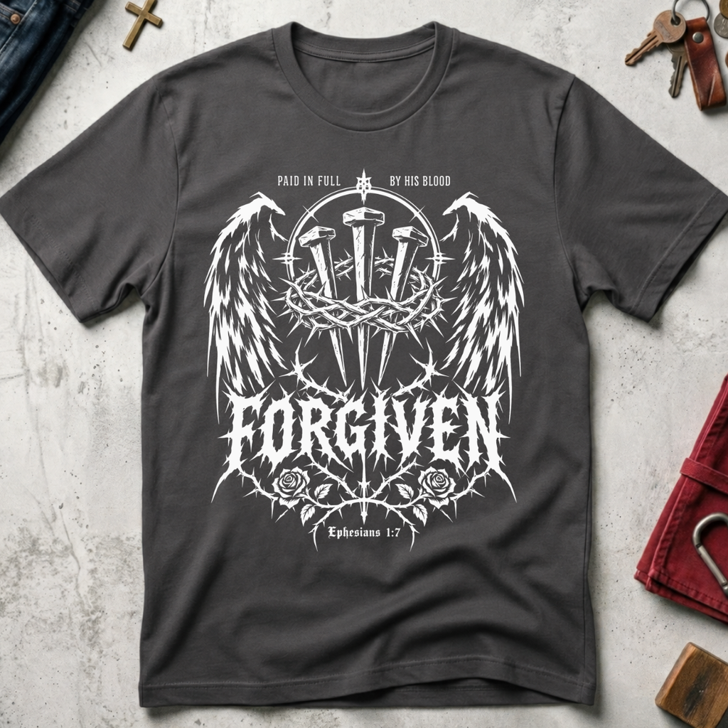 Forgiven Ephesians 1:7 Christian T-shirt in Charcoal with gothic wings, three nails, a crown of thorns and roses.