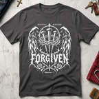 Forgiven Ephesians 1:7 Christian T-shirt in Charcoal with gothic wings, three nails, a crown of thorns and roses.