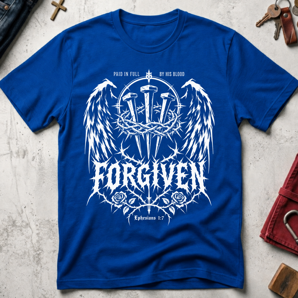 Forgiven Ephesians 1:7 Christian T-shirt in Royal with gothic wings, three nails, a crown of thorns and roses.